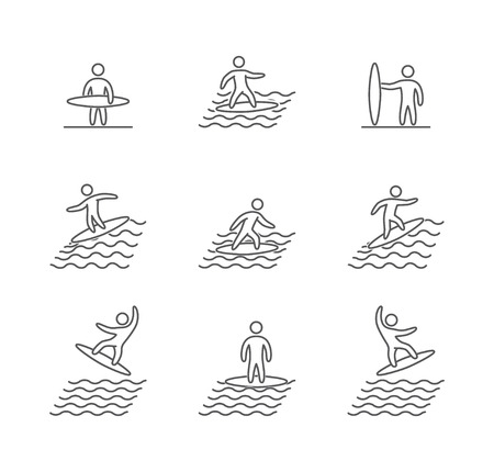 Outline surfing icons set. Linear figure surfer. Line art sport symbolsのイラスト素材