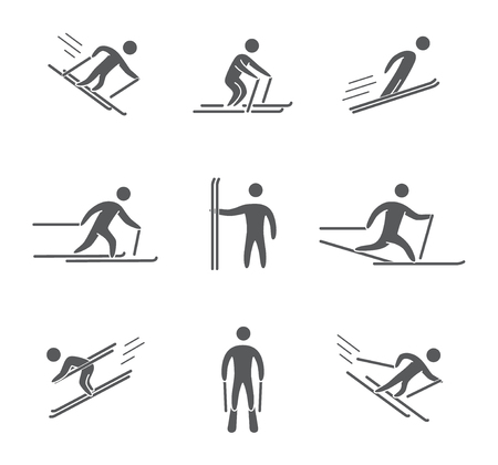 Silhouettes of figures skier icons set. Skiing vector symbolsのイラスト素材