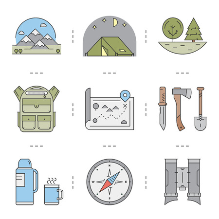 Line icons set of hiking and camping and tourism.のイラスト素材
