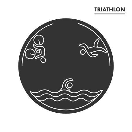 Triathlon icon. Swimming, cycling, running symbols. Silhouettes of figures triathlete. Vector sport label and badgeのイラスト素材