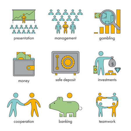 Line business icons set. Vector linear symbol teamwork, presentation, teamwork, management, investment, cooperation, banking and moneyのイラスト素材