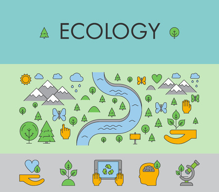 Line horizontal banner and concept for ecology. Vector design icons set. Linear landing pageのイラスト素材