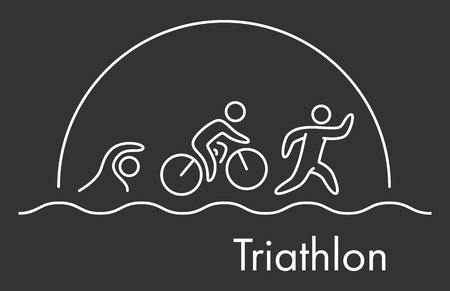 Triathlon icon. Swimming, cycling, running symbols. Silhouettes of figures triathlete. Vector sport label and badgeのイラスト素材