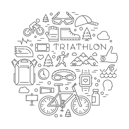 Line triathlon icons. Silhouettes of figures triathlete. Vector sport label and badge for clubs and t-shirtsのイラスト素材