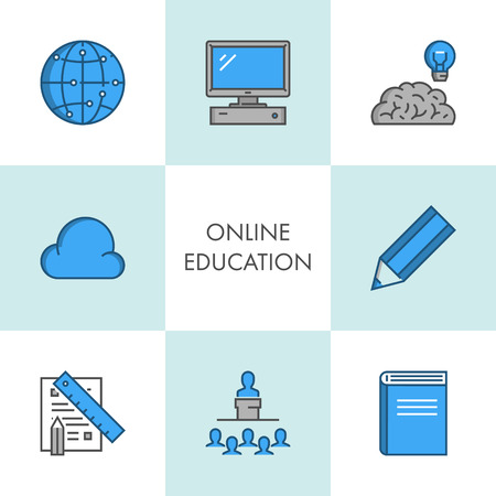 Vector line online education icon set for web. Black and blue. Internet, computer, seminar, idea, cloud, pencil, paper, training and book.のイラスト素材