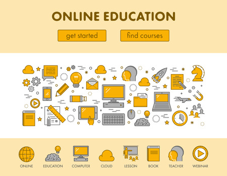 Line design concept web banner for online education and e-learning. Vector landing page. Black and yellow.のイラスト素材