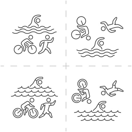 Vector line and flat triathlon logo and symbol. Black and white figure triathletes. Swimming, cycling and running. Sport label and badge.のイラスト素材