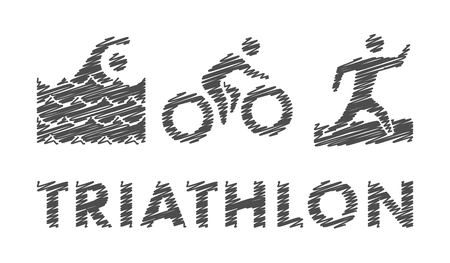 Vector pencil triathlon logo and symbol. Black and white figure triathletes. Swimming, cycling and running. Sport label and badge.のイラスト素材