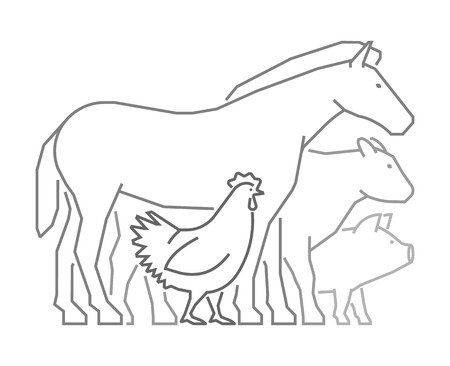 Black line design for farmers market. Vector linear farm animals on a white background. Farm animals symbol. Outline horse, pig, cow, chicken.のイラスト素材