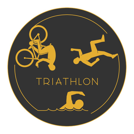 Gold triathlon. Gold figures triathletes on a white background. figure triathlon athletes. Swimming, cycling and running icons.のイラスト素材