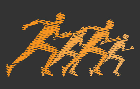 Gold hatching silhouettes of runners. Vector figures athletes running. Line running symbol. Vector running and marathon .のイラスト素材