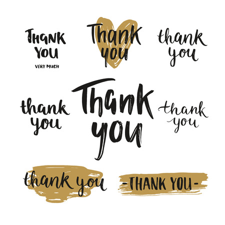 Set of vector Thank you cards, handdrawn fonts, brushstroke with gold glitter. Shine thanks illustrations isolated on white backgroundのイラスト素材