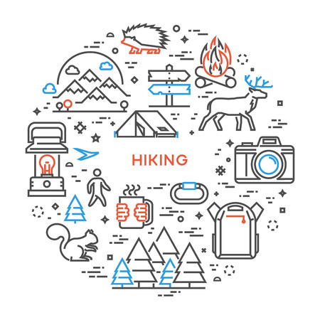 Vector line concept for hiking. Linear design banner for adventure. Open path.のイラスト素材