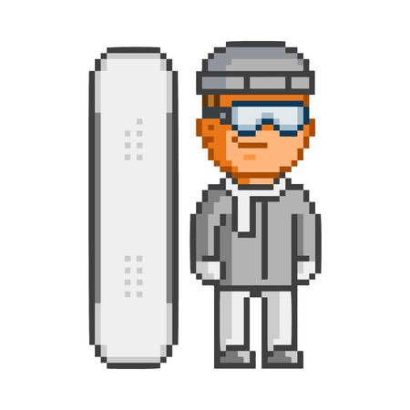 Vector pixel art snowboarder and snowboard on white background.のイラスト素材