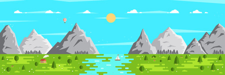 Flat background outdoor recreation and hiking. Sky, meadow, forest, river and mountains.のイラスト素材