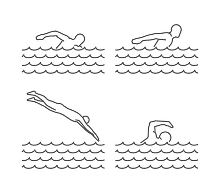 Line silhouettes of swim. Vector set of linear swimmer figures.のイラスト素材