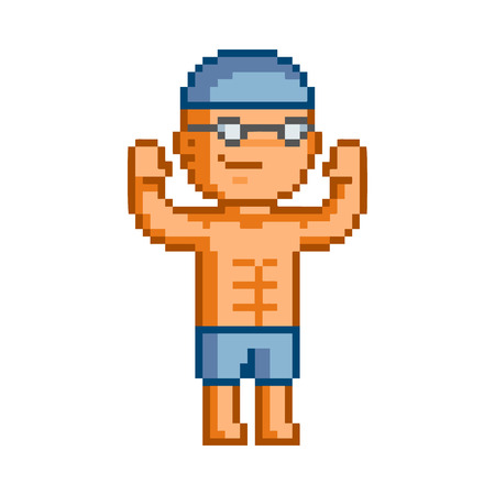 Retro swimming mascot. Pixel art swimmer. Vector sport symbol.のイラスト素材