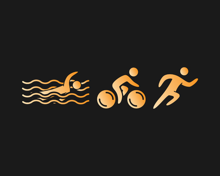 Triathlon logo and icon. Swimming, cycling and running symbols. Gold figures triathlete.のイラスト素材