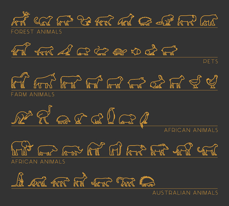 Vector line set of silhouettes pets, forest and farm animals. Linear icon african and australian animals. Open path.のイラスト素材