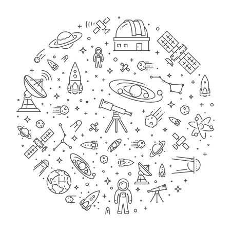 Round line web concept for astronomy. Modern linear banner for space science.のイラスト素材