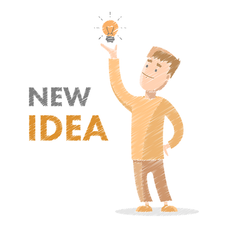 Vector illustration of a new idea for web and design. Man with a light bulb in his hand.のイラスト素材