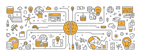 Vector line web banner for artificial intelligence. Modern linear concept for computer brain.