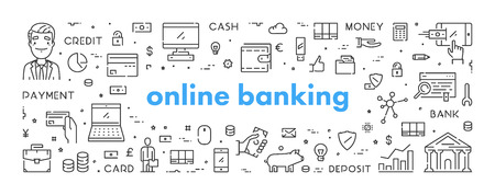 Vector line web banner for online banking. Modern linear concept for internet ban.のイラスト素材