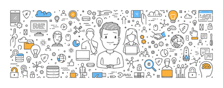 Vector line web banner for support. Linear modern concept for helpdesk. Open path.のイラスト素材