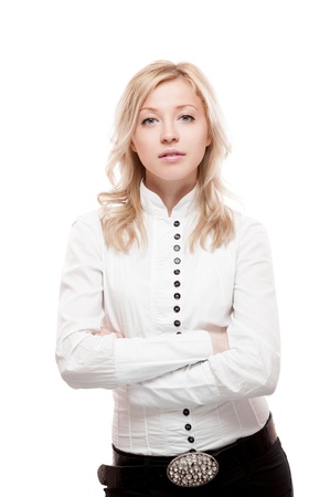 young caucasian blond business woman in white blouse calm looking at camera isolated on whiteの写真素材