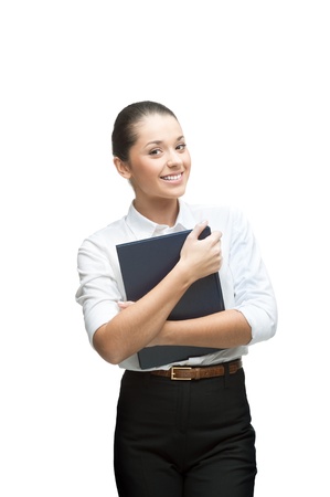 young smiling caucasian businesswoman in white blouse holding diary isolated on white backgroundの写真素材
