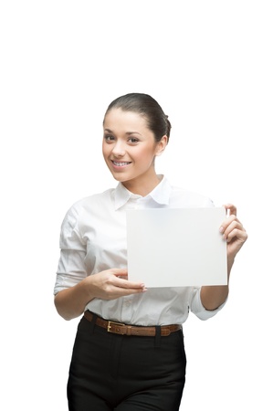 young smiling caucasian businesswoman in white blouse holding sign isolated on white backgroundの写真素材