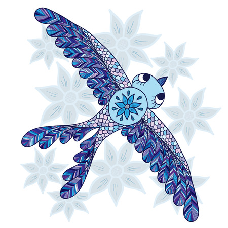 blue fairy cartoon bird flying over big flowers vector illustrationのイラスト素材