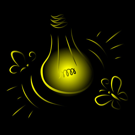 butterfly flying to yellow light bulb over black background vector illustrationのイラスト素材