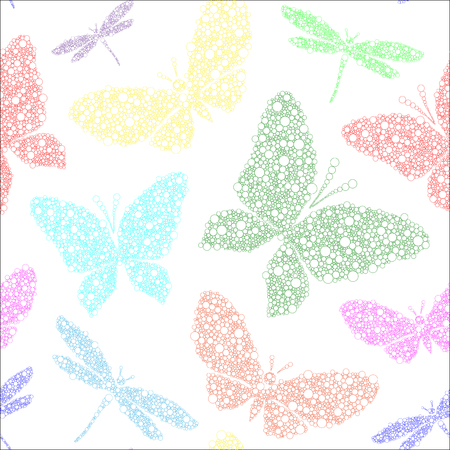 colorful butterfly and dragonfly on white vector seamless pattern backgroundのイラスト素材