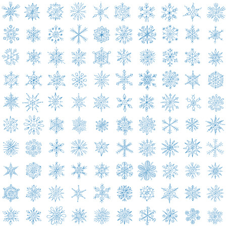 one hundred different blue snowflakes on a white background vector setのイラスト素材
