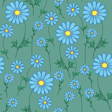 blue daisy on a green background vector seamless patternのイラスト素材