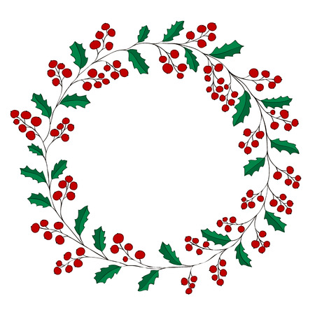 wreath of holly on white background Christmas greeting card vector illustrationのイラスト素材