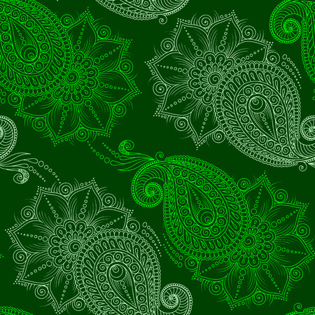 Henna MehendyTattoo Doodles Seamless Pattern on a green backgroundのイラスト素材