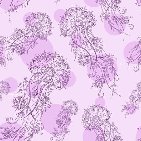 Hand drawn jellyfish illustration. Henna Mehendi Tattoo Doodles Seamless Patternのイラスト素材