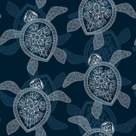 Seamless pattern with turtles can be used for wallpaper, pattern fills, web page background,surface textures. Seamless animal background. Indian mehendi styleのイラスト素材