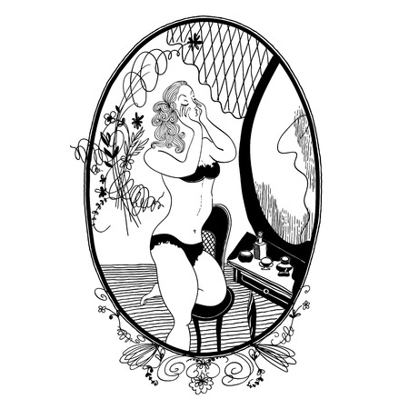 Vintage girl Vintage girl looks in the mirror.Vector illustration. Set of illustrations.のイラスト素材