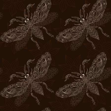 Beautiful seamless background of butterflies on brown background. indian mehendi styleのイラスト素材