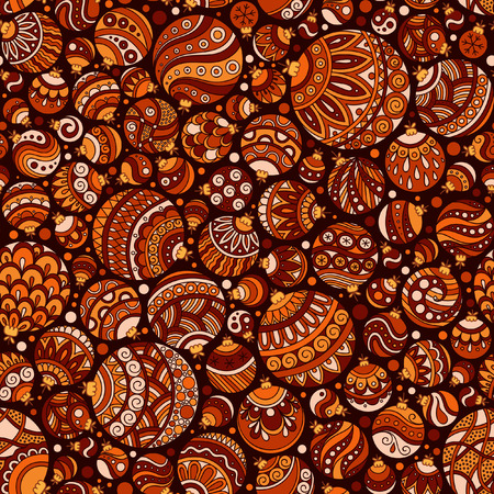 Seamless Christmas background with christmas balls. Vintage christmas seamless pattern. Doodle Hand Drawn Styleのイラスト素材