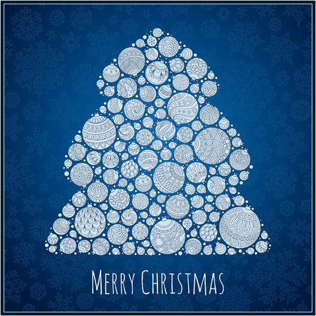 Christmas Card. Beautiful in retro style Christmas tree from balls illustration. Doodle ethnic stylized design.のイラスト素材