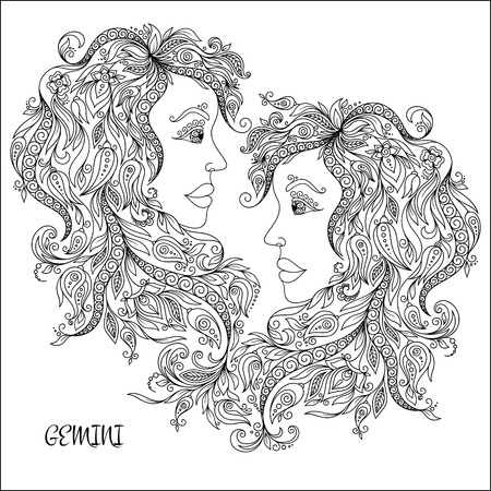 Pattern for coloring book. Hand drawn line flowers art of zodiac Gemini. Horoscope symbol for your use. For tattoo art, coloring books set.  のイラスト素材