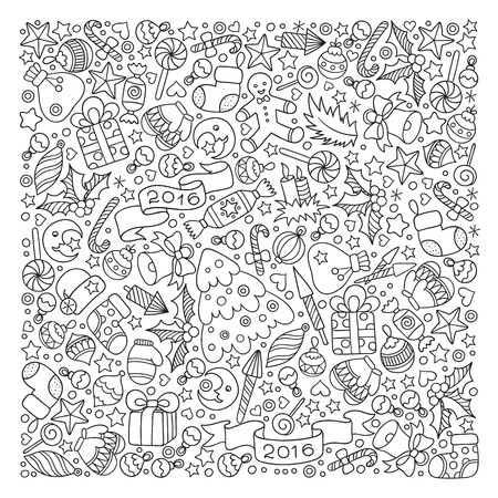 Pattern for coloring book. Christmas hand-drawn decorative elements in vector. Fancy Christmas balls, stars. Black and white pattern のイラスト素材