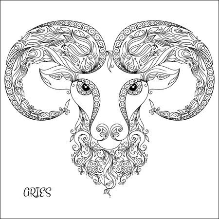 Pattern for coloring book. Hand drawn line flowers art of zodiac Aries. Horoscope symbol for your use. For tattoo art, coloring books set. のイラスト素材