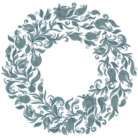 Vector Floral Background. Hand Drawn Ornament with Floral Wreath. Template for Greeting Card. Paisley Flowers Illustration Design Elementsのイラスト素材