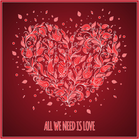 Beautiful greeting happy valentines day card of floral heart. Bright illustration, can be used as greeting card, invitations for wedding, birthday.Paisley Doodle Flowers Design.のイラスト素材