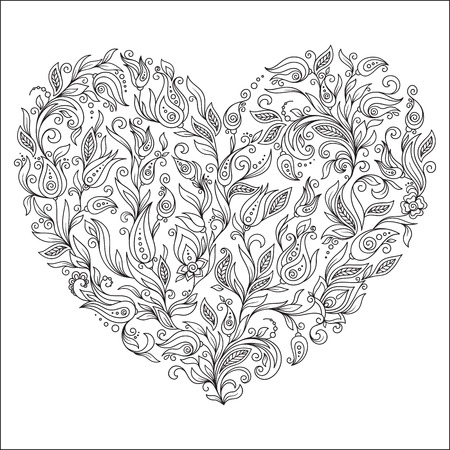 Coloring page flower heart St Valentine\'s day greeting card hand made print digital art. Coloring page with details isolated on white background .  のイラスト素材